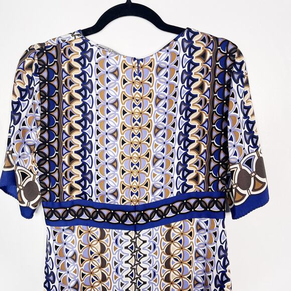 Elie Tahari Small Blue Purple Printed Silk Stretch Short Sleeve VNeck Dress Slip - Picture 6 of 11
